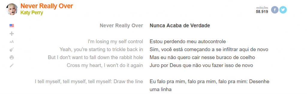 Letra e tradução literal da música "Never Really Over" no site Letras.mus.br