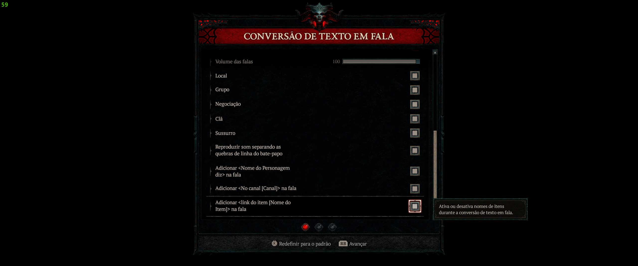 Descrição da Imagem: Menus mostrando opções do leitor de tela do jogo