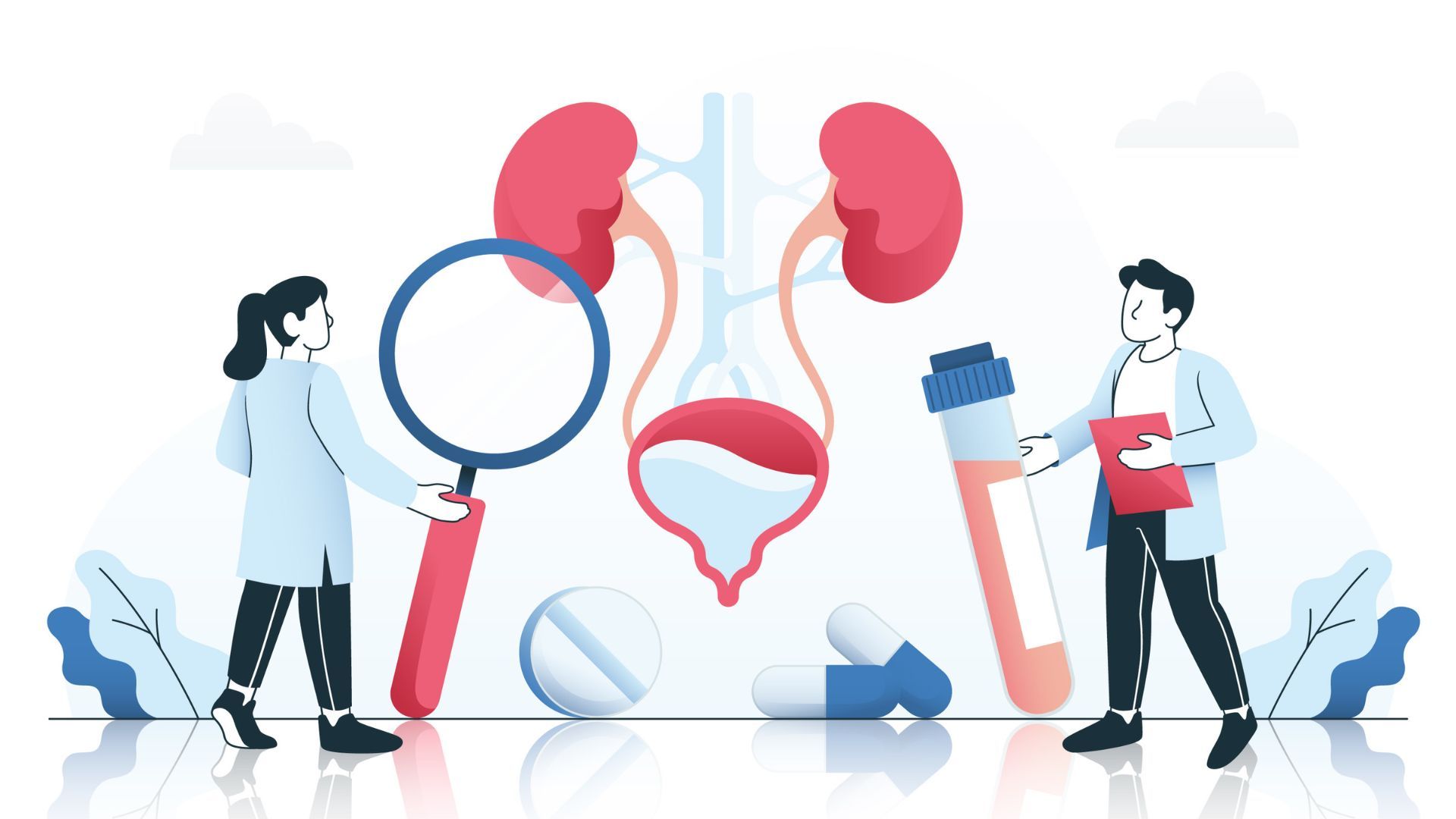 Ilustração de profissionais da área da saúde estudando o sistema urinário.