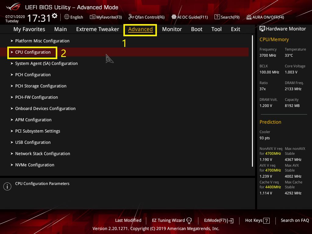 Nas placas mãe da Asus o caminho para ativar a Virtualização de Hardware é pela opção "CPU Configuration"