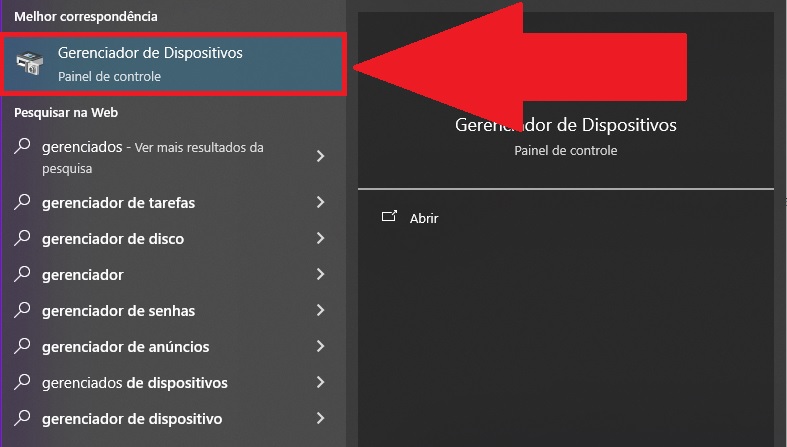 Clique no primeiro resultado para abrir o Gerenciador de Dispositivos