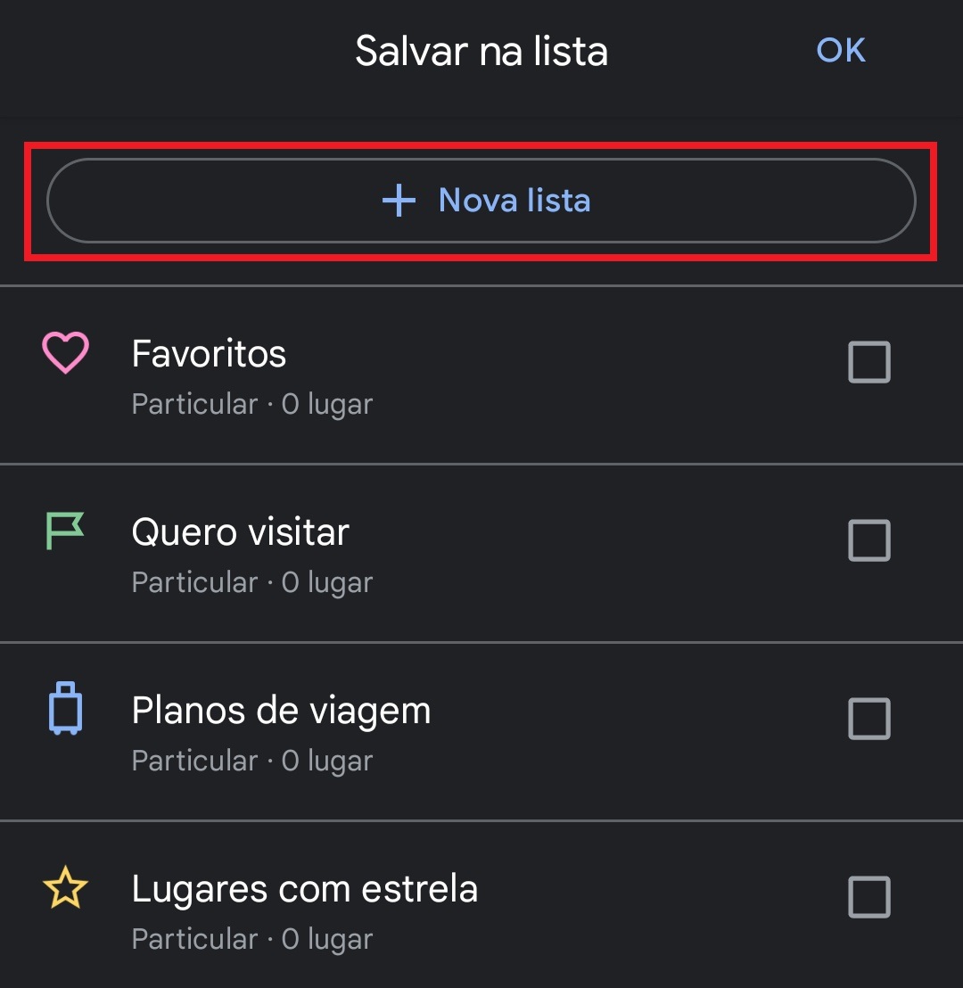 Aperte em "Nova lista" para criar uma nova e facilitar na hora de achar uma determinada rota