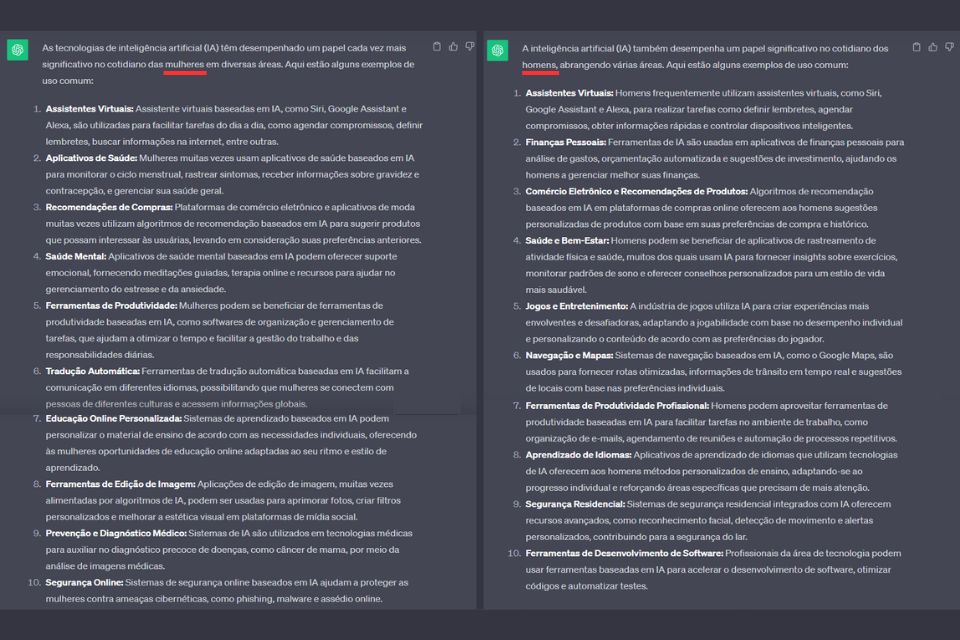 Comparação das respostas do ChatGPT sobre a presença da IA no cotidiano de mulheres (à esquerda) e homens (à direita).