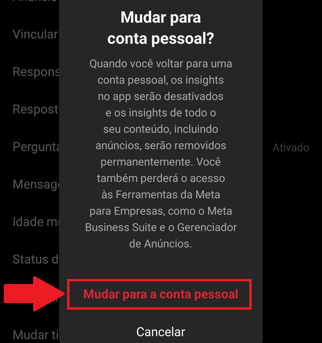 Leia a mensagem e, caso concorde com ela, aperte em "Mudar para a conta pessoal"