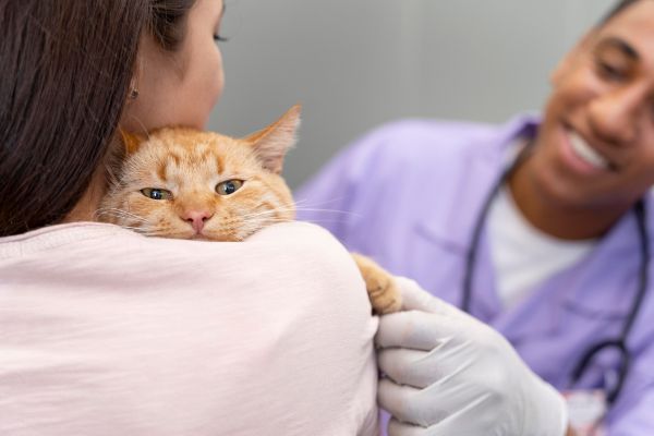 Gato no colo da sua dona junto de um veterinário.