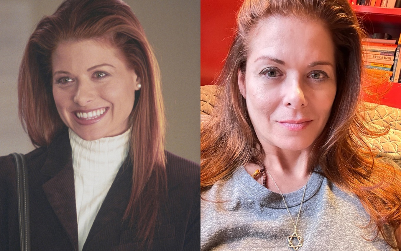 Montagem de Debra Messing em Quero Ficar com Polly e 20 anos depois