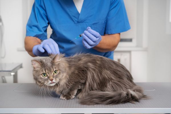 Gato sobre uma maca, prestes a receber a vacina de um veterinário.