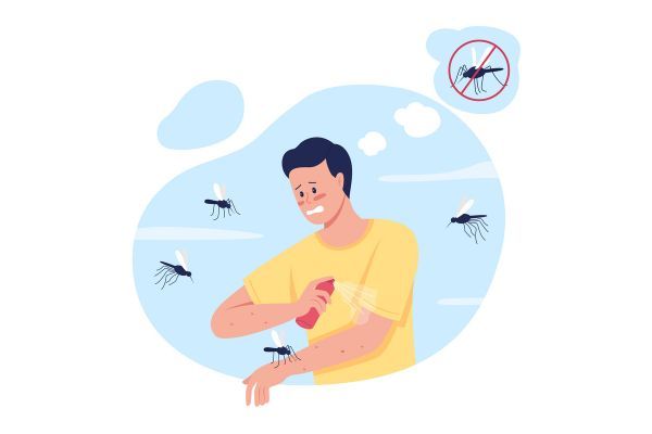 Desenho de uma pessoa com um frasco de repelente, cercada por mosquitos.