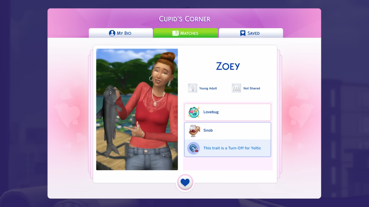 The Cupid's Corner interface, in which a woman named Zoey's profile is displayed. She is awkwardly holding a fish.