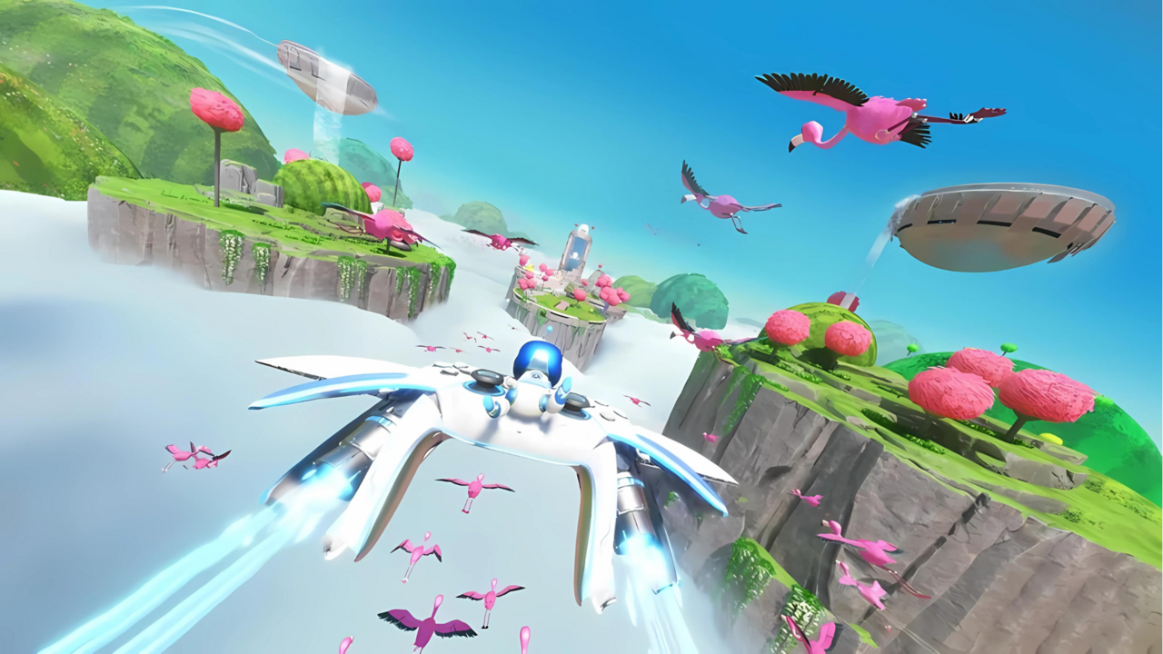 Astro Bot glides through the air alongside flamingos.