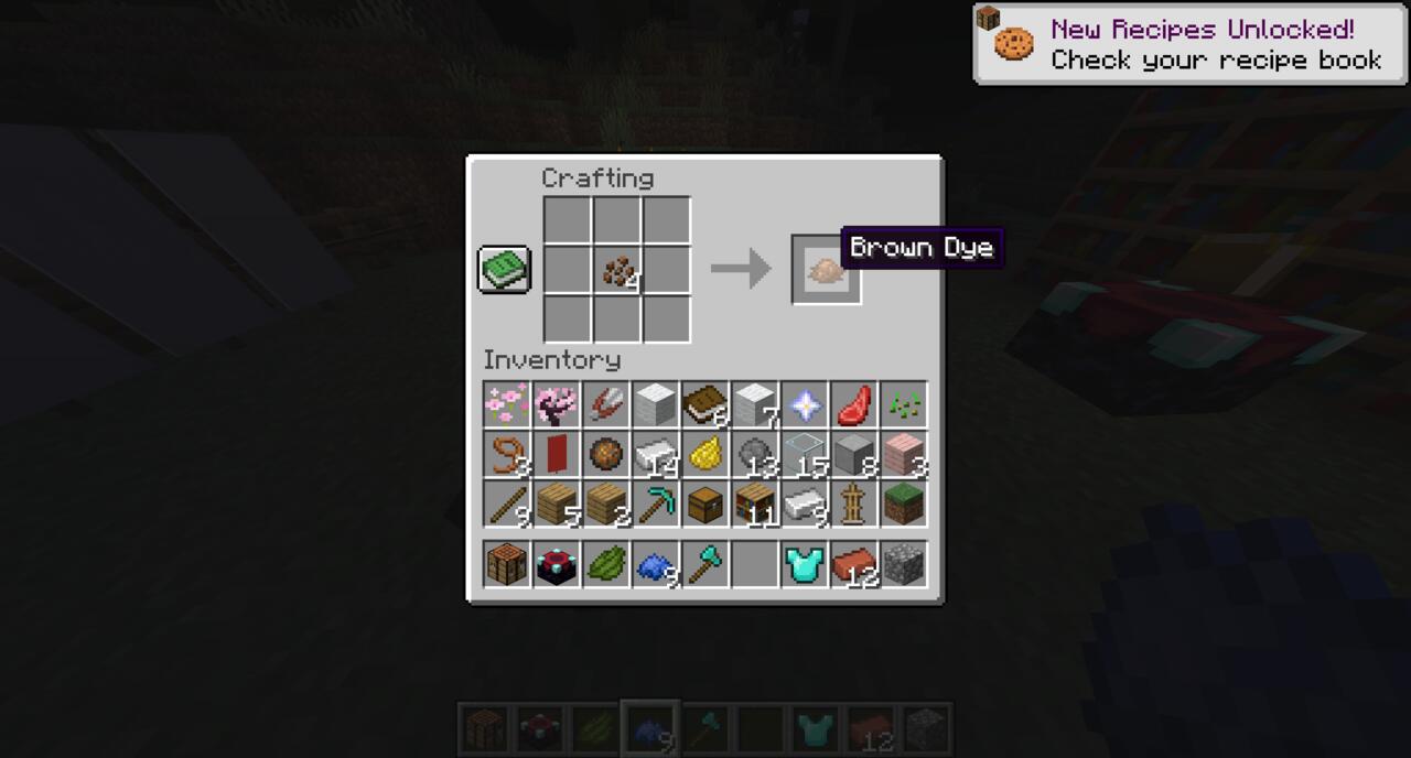 The crafting recipe for brown dye in Minecraft